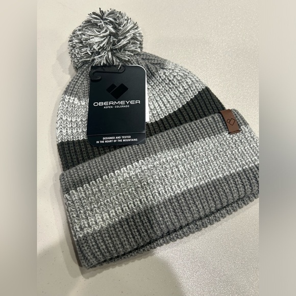 Obermeyer Men's Oakland Pom Beanie Grey Stripes Hat NWT Foldover Cuff Acrylic - Picture 1 of 8